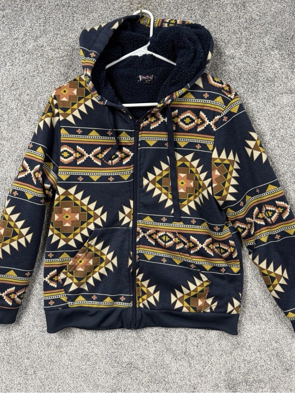 Canyon Creek Hoodie Womens Blue Aztec Sherpa Lined Full Zip Fleece Southwest